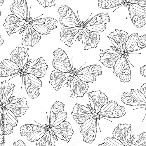 Butterflies. Seamless pattern, background. Outline hand drawing coloring page for adult coloring book. Stock line vector illustration.   © Elen  Lane
