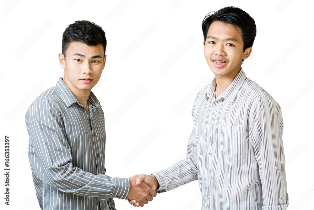 Portrait of two asian business man smiling and shaking hands. isolated on white background with clipping path. Portrait of two asian business man smiling and shaking hands. isolated on white background with clipping path.