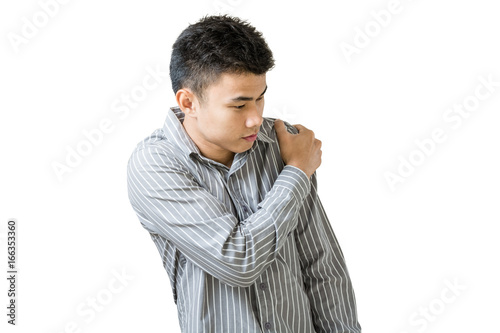 Portrait of a young business man having a shoulder pain. Isolated on white background with copy space and clipping path