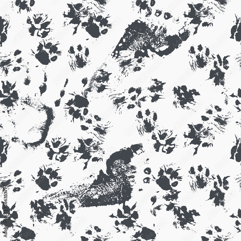 Abstract seamless pattern - black ink prints with messy cat paws. Abstract seamless pattern - black ink prints with messy cat paws.