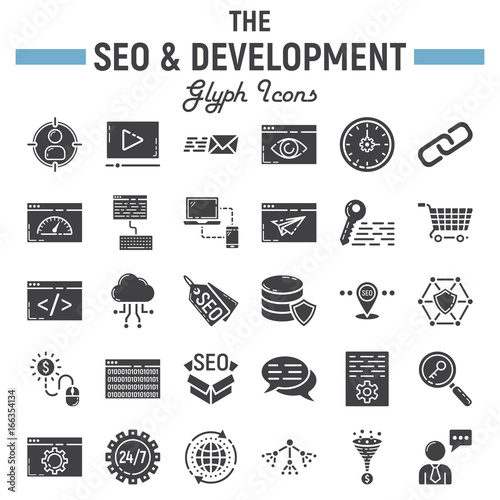 SEO and development glyph icon set, business symbols collection, marketing vector sketches, logo illustrations, business signs solid pictograms package isolated on white background, eps 10.