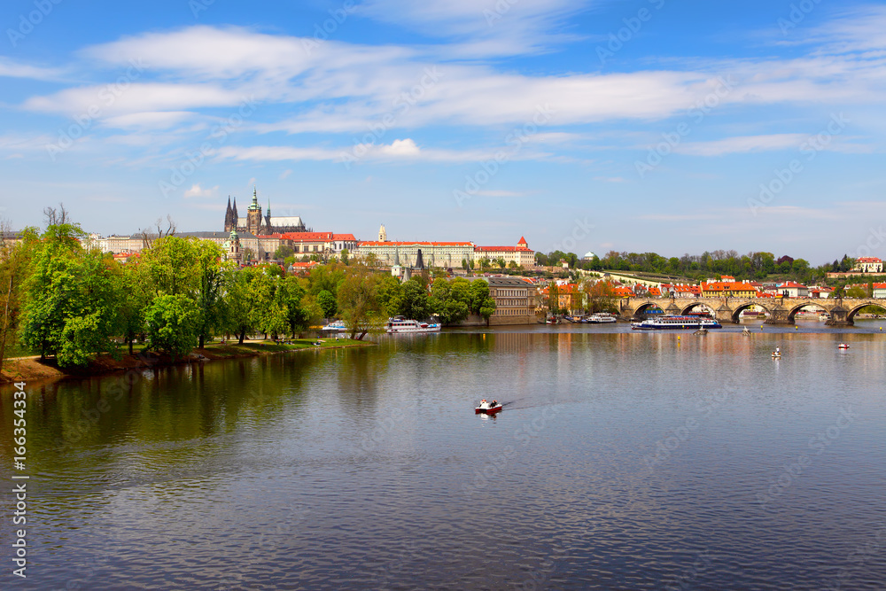 View of Charles Bridge and Prague Castle from the river Vltava