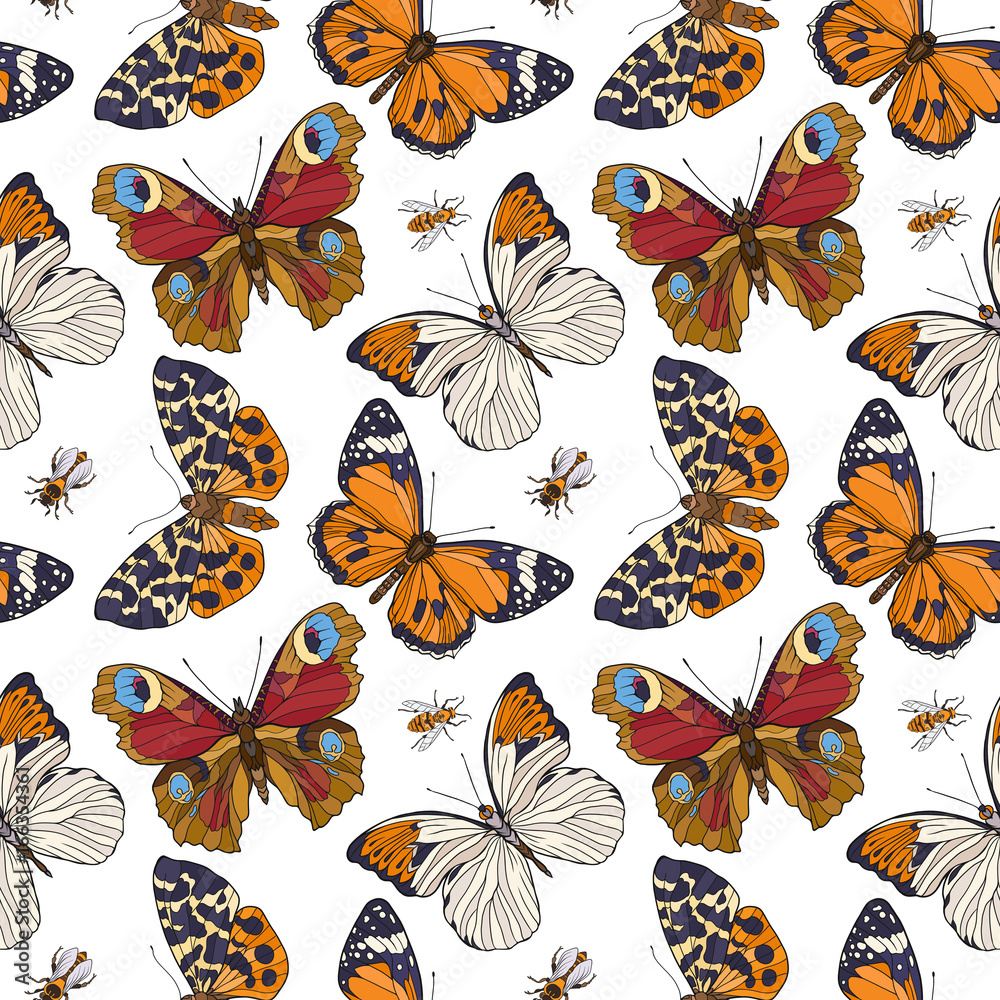 Butterflies and bees. Colorful seamless pattern, background.  Stock line vector illustration.
