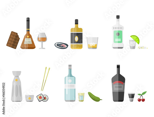 Alcohol drinks beverages cocktail appetizer bottle lager container drunk different snacks glasses vector illustration.