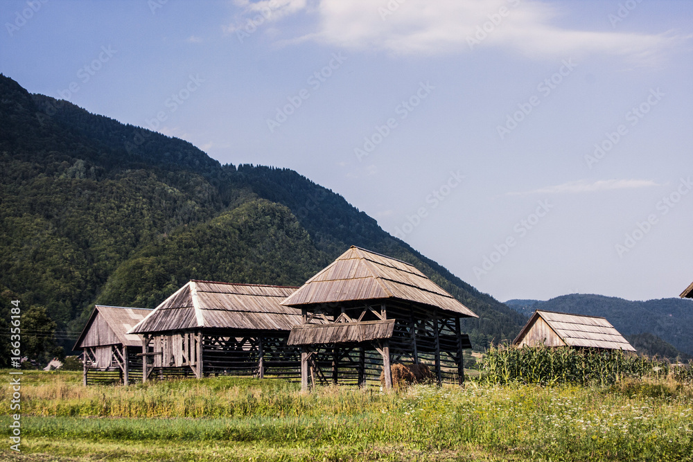 Traditional wooden double linked hayrack or toplarji at Studor, Slovenia
