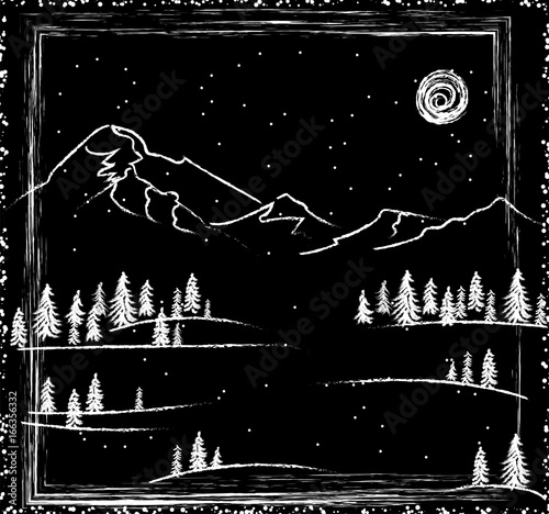 Chalk Drawing Winter Landscape - Forest Mountains on a Moonlit Night. 
