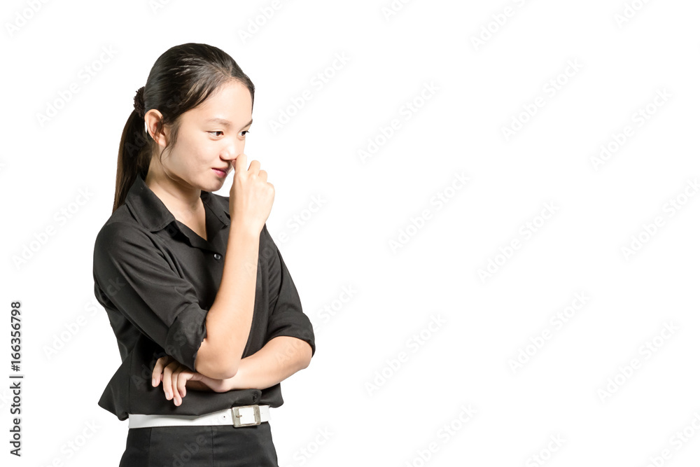 portrait of a beautiful asian businesswoman thinking and looking to the right side. Isolated on white background with copy space and clipping path portrait of a beautiful asian businesswoman thinking and looking to the right side. Isolated on white background with copy space and clipping path