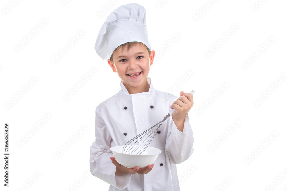 Happy little chef mixing something with a whisk, on white background. Happy little chef mixing something with a whisk, on white background.