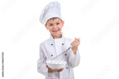 Happy little chef mixing something with a whisk, on white background.