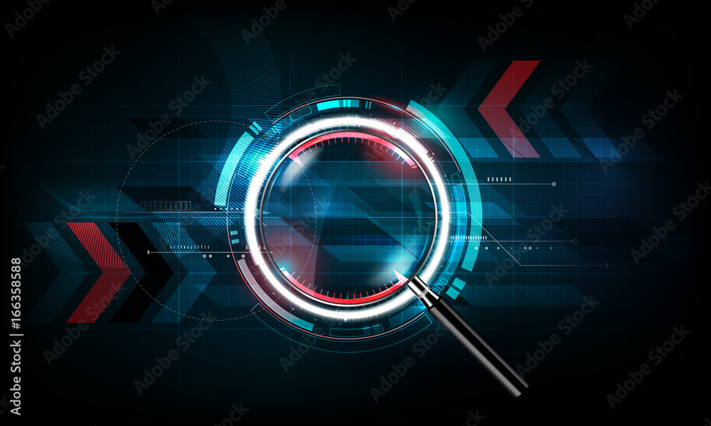 magnifying glass with scan search concept and futuristic electronic technology background, transparent vector illustration