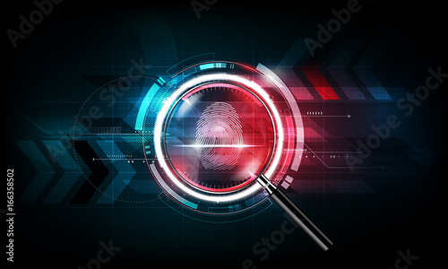 Fingerprint scan and magnifying glass with abstract Futuristic Technology Background, Security system concept, vector illustration