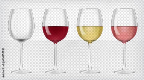 Set of realistic transparent wine glasses