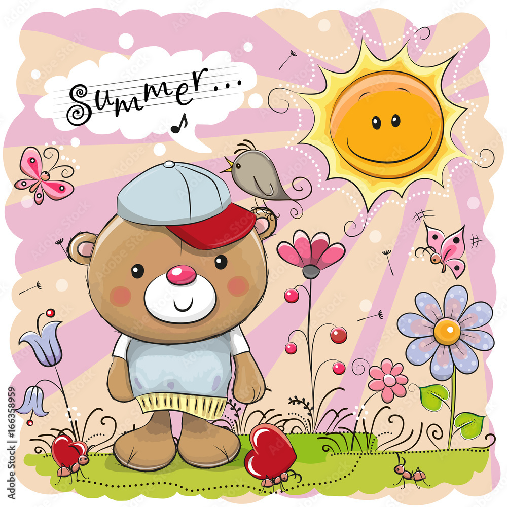 Obraz premium Cute Cartoon Teddy Bear on the meadow