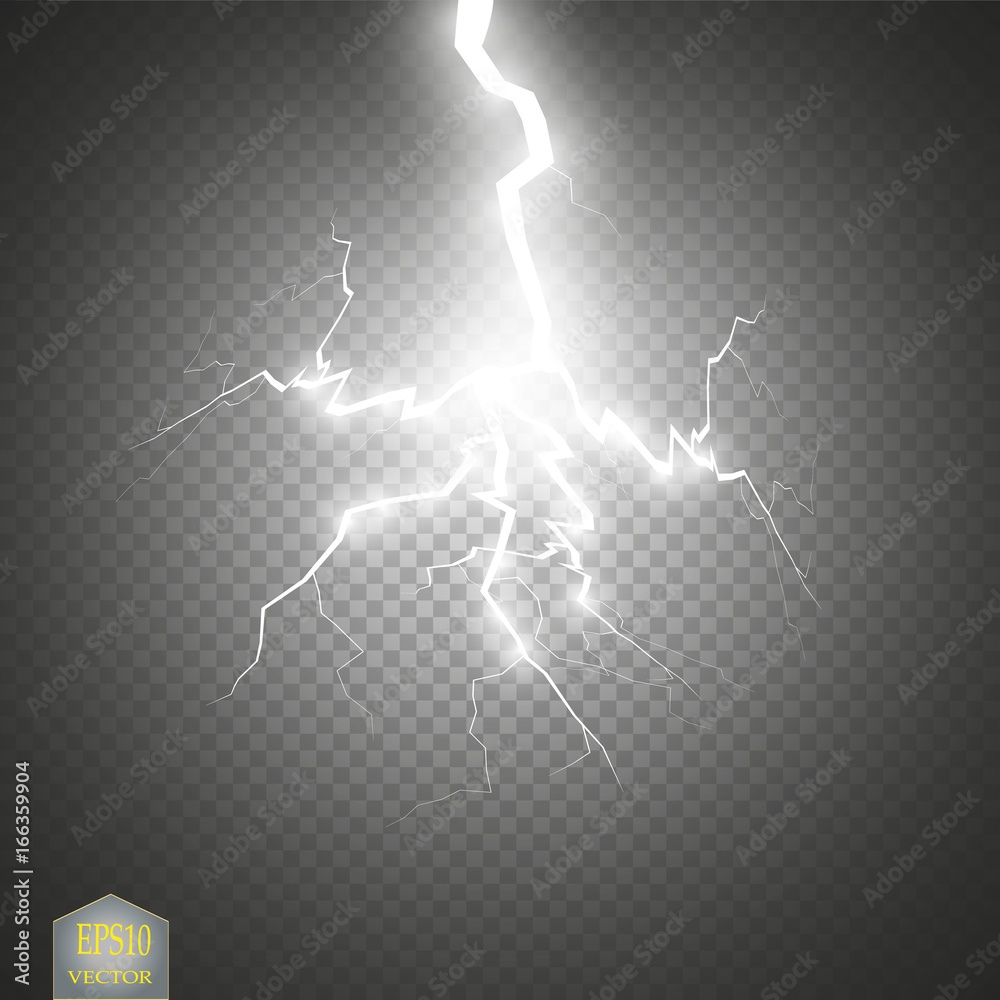 Set of lightnings. Thunder-storm and lightnings. Magic and bright lighting effects.