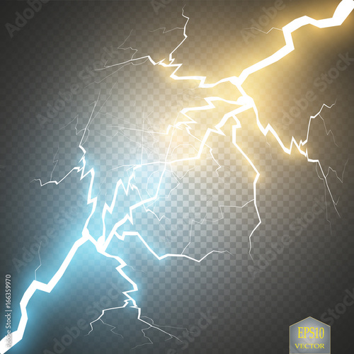 Collision of two forces with gold and blue light. Vector illustration. Hot and cold sparkling power. Energy lightning with electric discharge isolated on transparent background