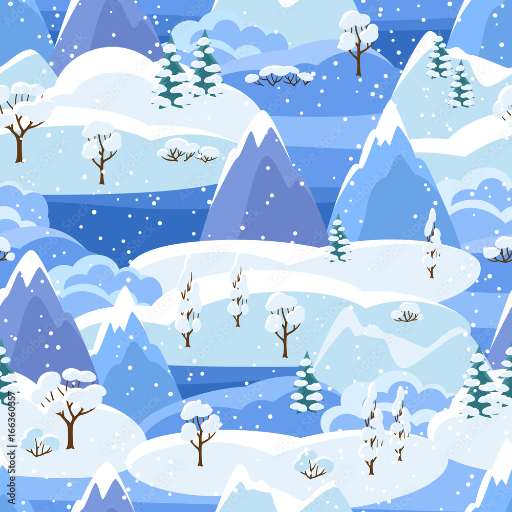 Winter seamless pattern with trees, mountains and hills. Seasonal landscape illustration