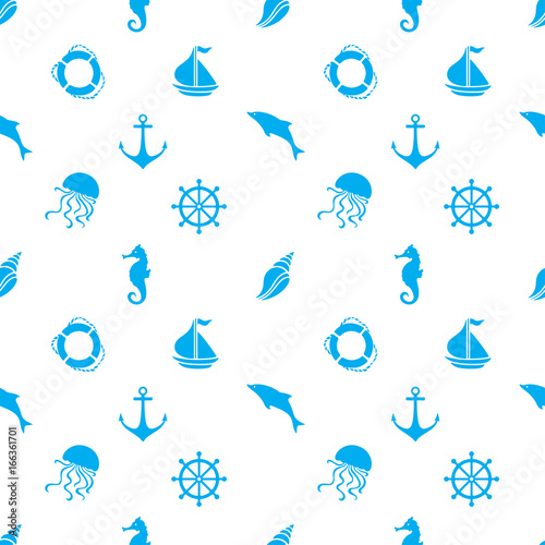 Hand drawn cartoon style nautical seamless pattern. Vector illustration.