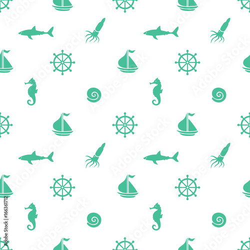 Hand drawn cartoon style nautical seamless pattern. Vector illustration.
