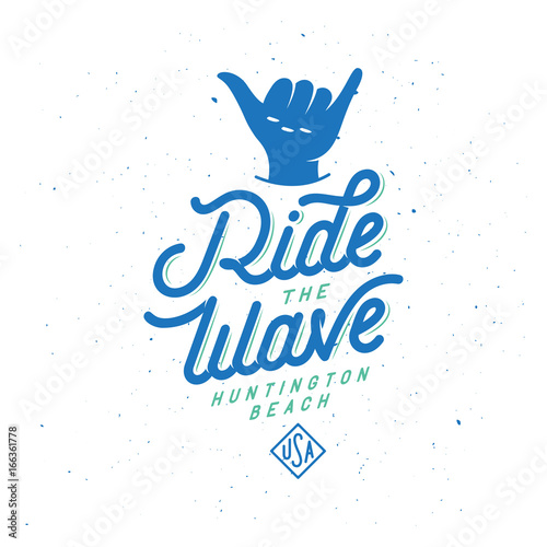 Ride the wave surfing typography. Vector vintage illustration.