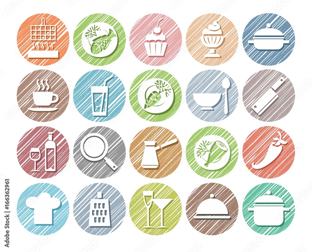 Kitchen, cooking, colored icons, vector, hatched. Round icons of kitchen utensils and different types of food and drinks. Hatching with colored pencil, imitation. 