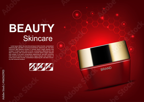Beauty cosmetic ads, red cream with glowing light and hexagons