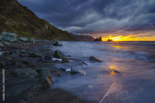 A fiery sunset over Benijo beach in Tenerife