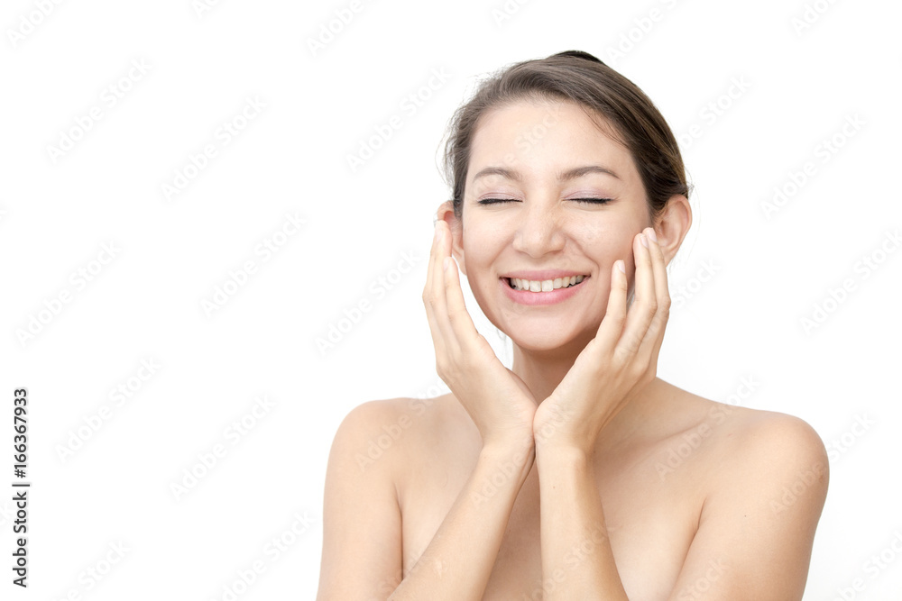 Beautiful Asian Woman Touch her Face , Portrait Beauty skin care concept, Fashion beauty model, Woman with Happy emotion. isolated on white background Beautiful Asian Woman Touch her Face , Portrait Beauty skin care concept, Fashion beauty model, Woman with Happy emotion. isolated on white background