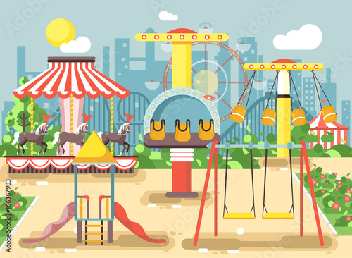 Vector illustration of empty amusement park outdoor with swings, chain or horses carousels, carnival fair roller coaster, entertainment and recreation, extreme rest in flat style