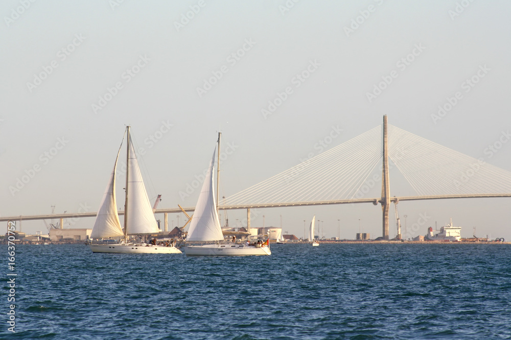 sailing boats on the background of the huge bridge