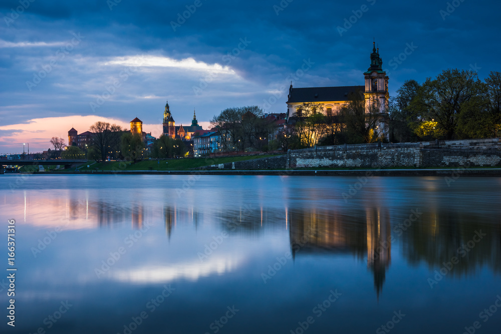 Night view on the church on the Rock and Vistula river in Cracow, Poland