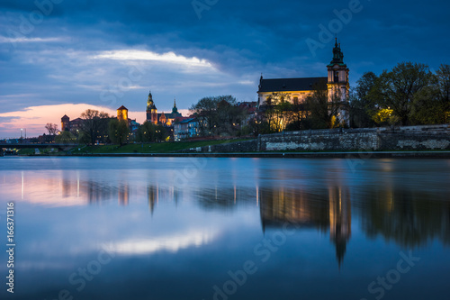 Night view on the church on the Rock and Vistula river in Cracow, Poland