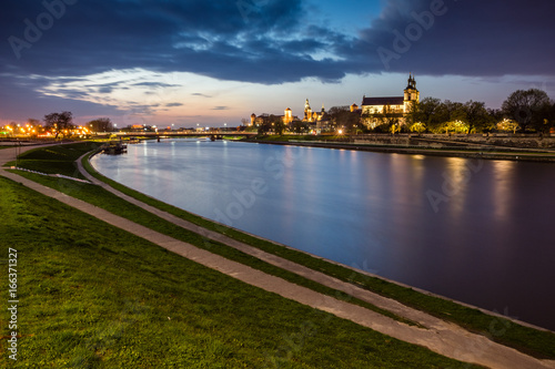 Dusk over the church on the Rock and Vistula river in Cracow, Poland