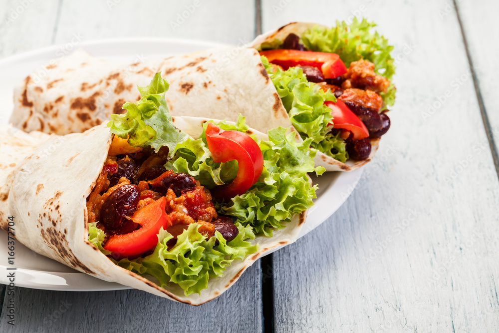 Tortilla with mincemeat and beans Tortilla with mincemeat and beans