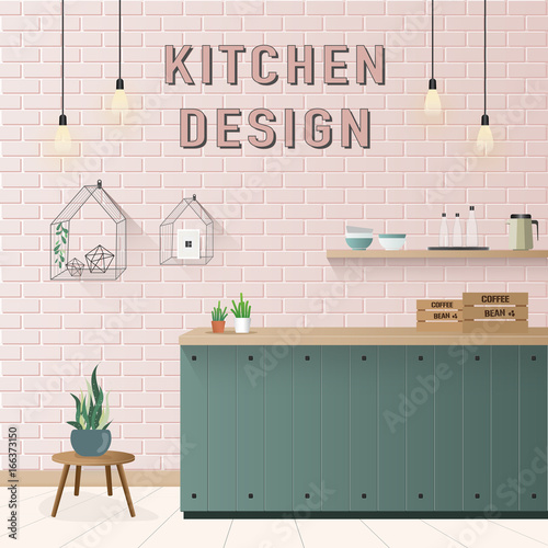 Pastel green Minimal pantry  Kitchen Interior on pink brick wall