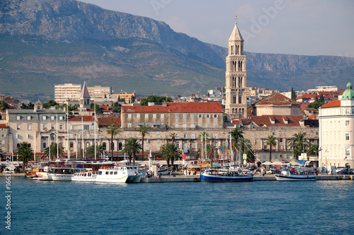 Waterfront in Split, Croatia with The Riva promenade and Saint Domnius bell tower, landmarks in Split. 