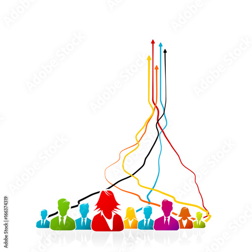 Consensus concept with colorful people silhouettes and tangled lines with arrows pointing up