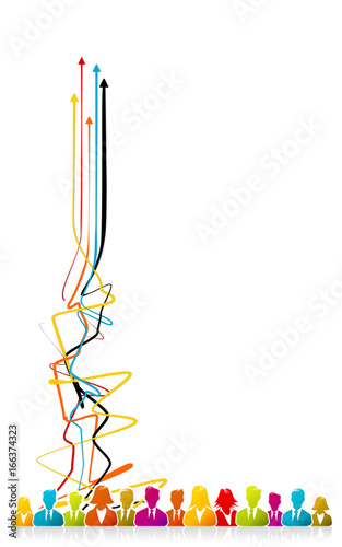 Vision concept with colorful people silhouettes and tangled lines with arrows pointing right