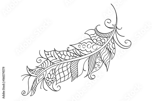 Hand drawn feather in indian style. Feather in mehndi style, vector. Coloring