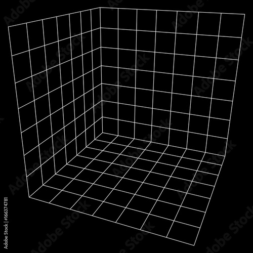 Wireframe Mesh Cube Plane Axis. Three dimensions. Connection Structure. Digital Data Visualization Concept. Vector Illustration.