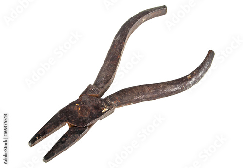 Old rusty pliers on a white background