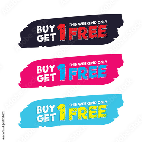 Buy Get 1 Free tag design for banner or poster. Sale and Discounts Concept. Vector illustration.