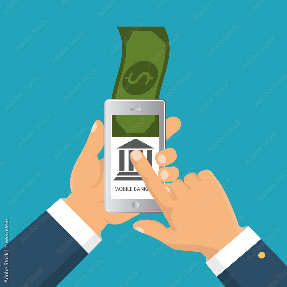 Vector flat illustration. Flat cartoon style. Send money via smartphone. Concept for mobile banking and online payment. Vector flat illustration. Flat cartoon style. Send money via smartphone. Concept for mobile banking and online payment.