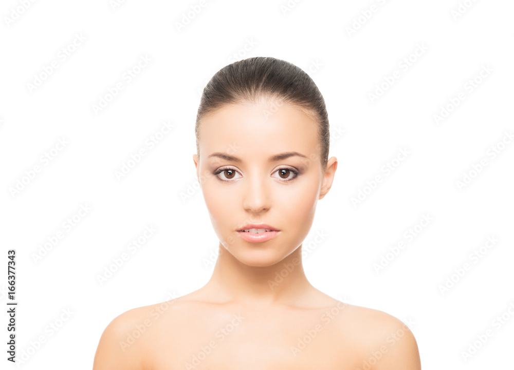 Close-up portrait of beautiful, fresh, healthy and sensual girl isolated on white. Face lifting and skincare concept. Close-up portrait of beautiful, fresh, healthy and sensual girl isolated on white. Face lifting and skincare concept.
