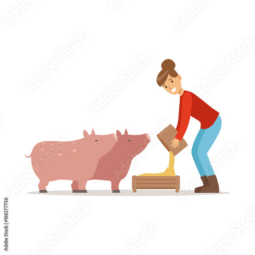 Farmer woman feeding pigs, farming and agriculture vector Illustration