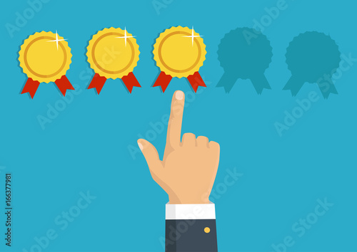 Rating golden rewards. Feedback, reputation and quality concept. Hand pointing, finger pointing to five rewards rating. Customer review concept. Vector