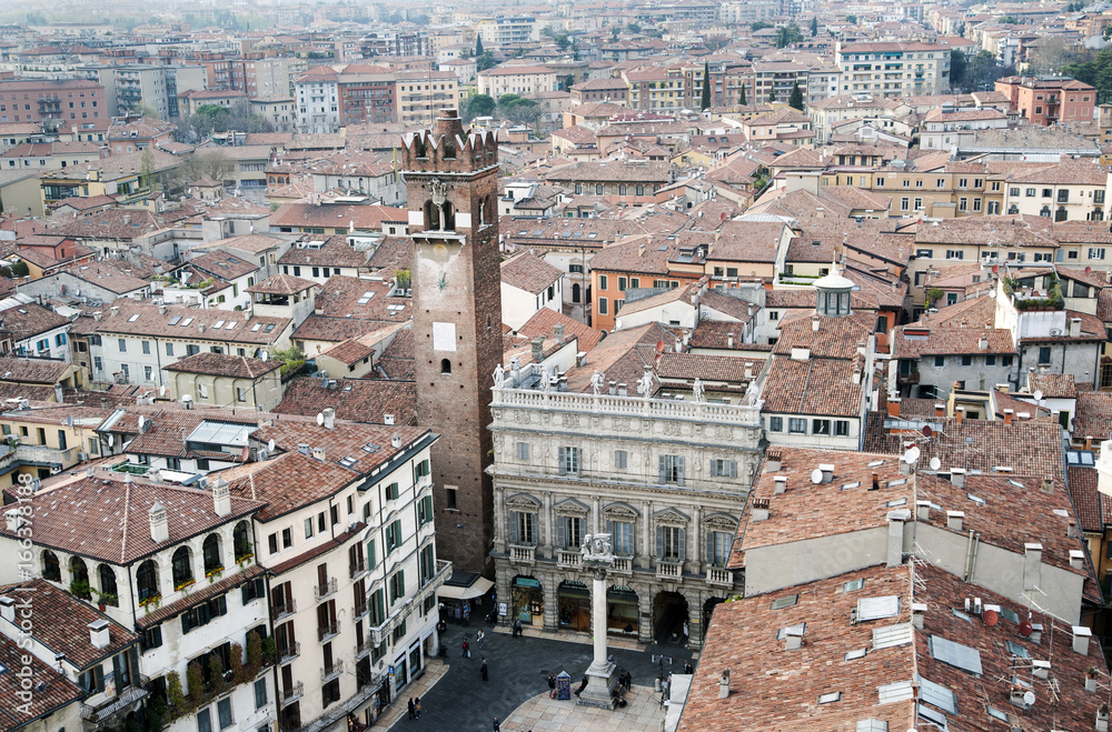 Verona's landscape with the Palace Maffei and piazza delle Erbe, Italy