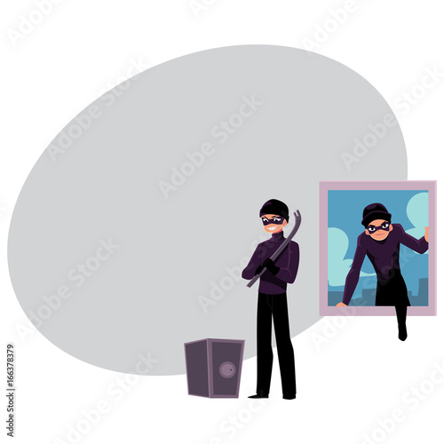 Thief, burglar climbing into house window, going to force open safe box, cartoon vector illustration with space for text. Burglar, robber breaking in house window, force opening safe box