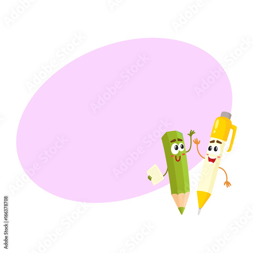 Cute, funny pen and pencil characters with smiling human faces cheering, clapping hands, cartoon vector illustration with space for text. Smiling student pen and pencil characters, mascots