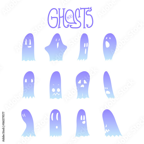 Set of twelve cartoon spooky scary ghosts character  hand-drawn ghosts silhouette with various expressions  fine night symbol for halloween celebration  isolated  EPS 8