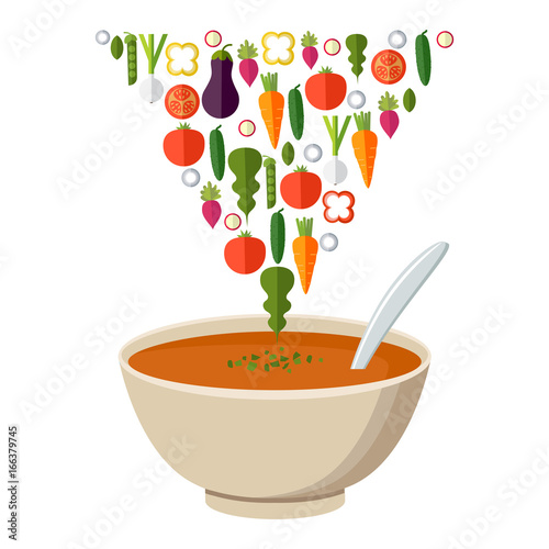 Hot bowl of soup, dish isolated icon. Soup with vegetables isolated  on white background. Vector illustration